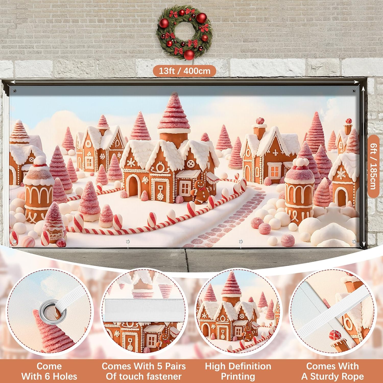 HunnmingRe Christmas Garage Door Cover Candy Cane,6 x 13 ft,Gingerbread image 2