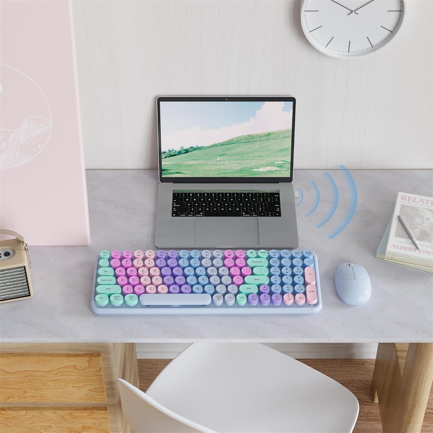 MPTOG Retro Typewriter Wireless Keyboard and Mouse Combo, Colorful Round Floating Keycaps, 100-Key Full-Size Aesthetic Desktop Set with Power Switch for PC, Mac (Purple)