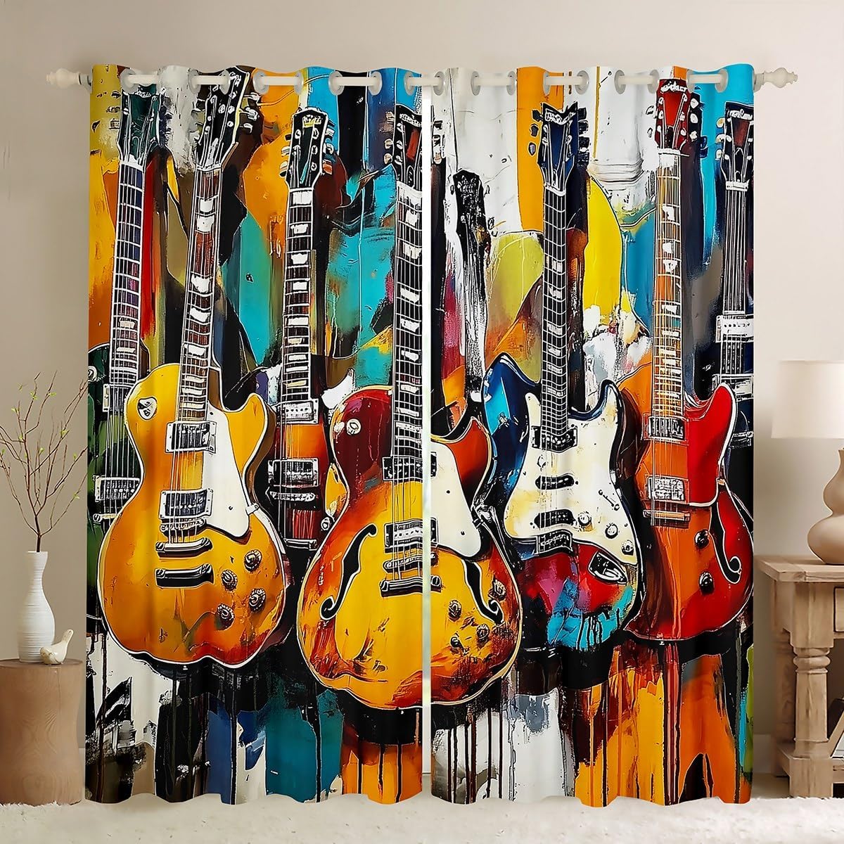 Erosebridal Graffiti Guitar Window Drapes Roll Music Blackout Curtains 42" Wx63 L Retro Cool Hip Pop Curtains for Bedroom Living Room,Musical Instrument Window Treatments 2 Panels