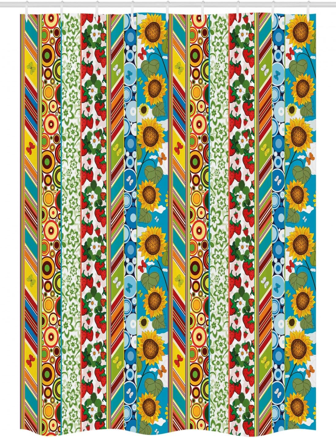 Ambesonne Striped Stall Shower Curtain, Colorful Summer Spring Retro Patchwork Style Pattern Sunflower Butterfly Strawberry, Fabric Bathroom Decor Set with Hooks, 54" W x 78" L, Multicolor