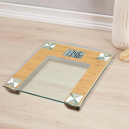 Miniatura 5 de Taylor Báscula de baño digital para peso corporal, báscula de baño con plataforma de vidrio duradera, capacidad de 400 libras, bambú natural y