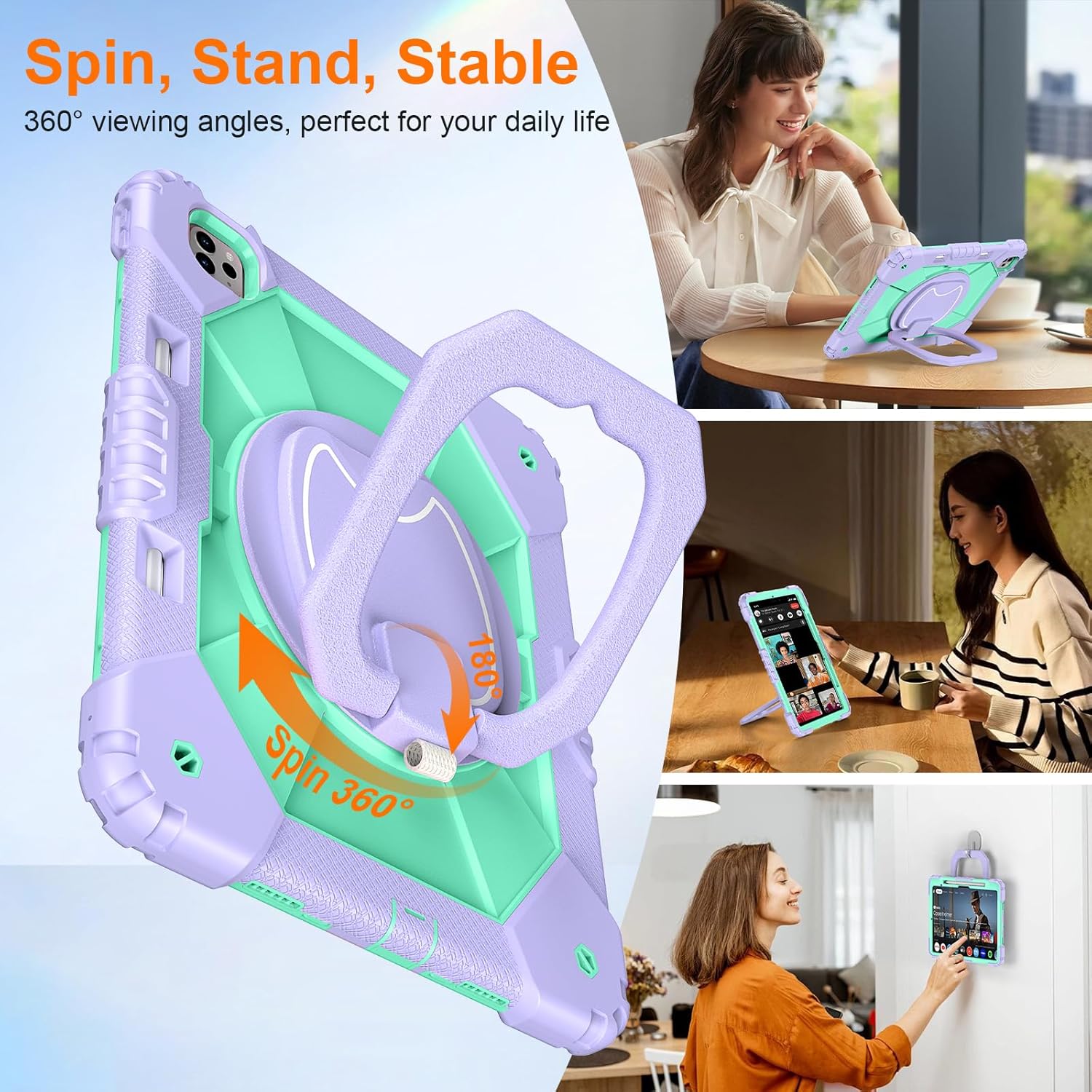 Case for iPad Pro 13 Inch M5 2025 / M4 2024, Auorld for iPad Pro 13 Inch M5 2025 with Screen Protector, 360 Degree Rotating Stand Shoulder Strap Pencil Holder, Purple Mint