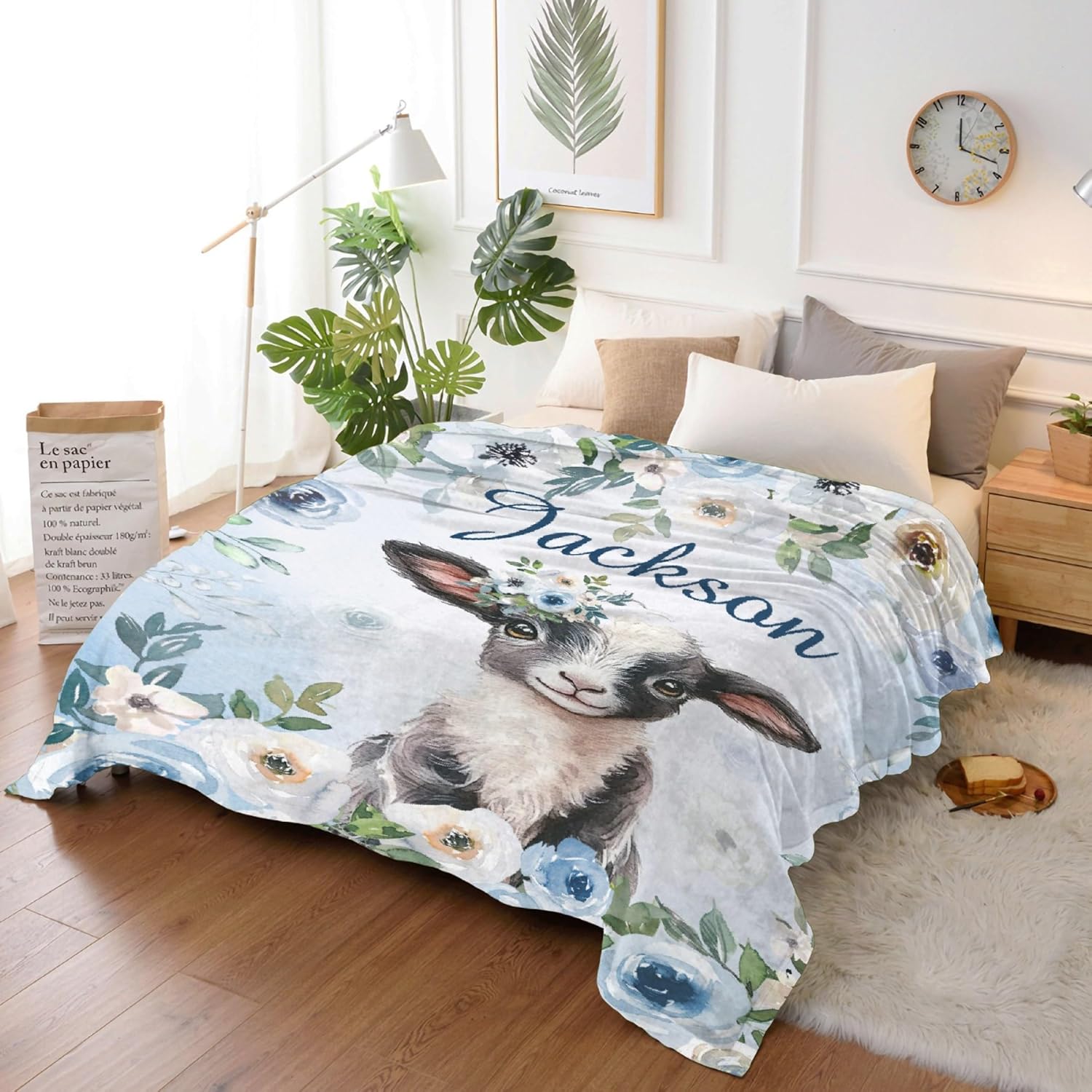 Personalized Goats Floral Blanket Gift for Boy Girl, Custom Goats Floral Plush Blanket Decor Soft Flannel Fleece Lightweight Throw Blanket Quilt for Couch Sofa 60x50In for Teens/Travel