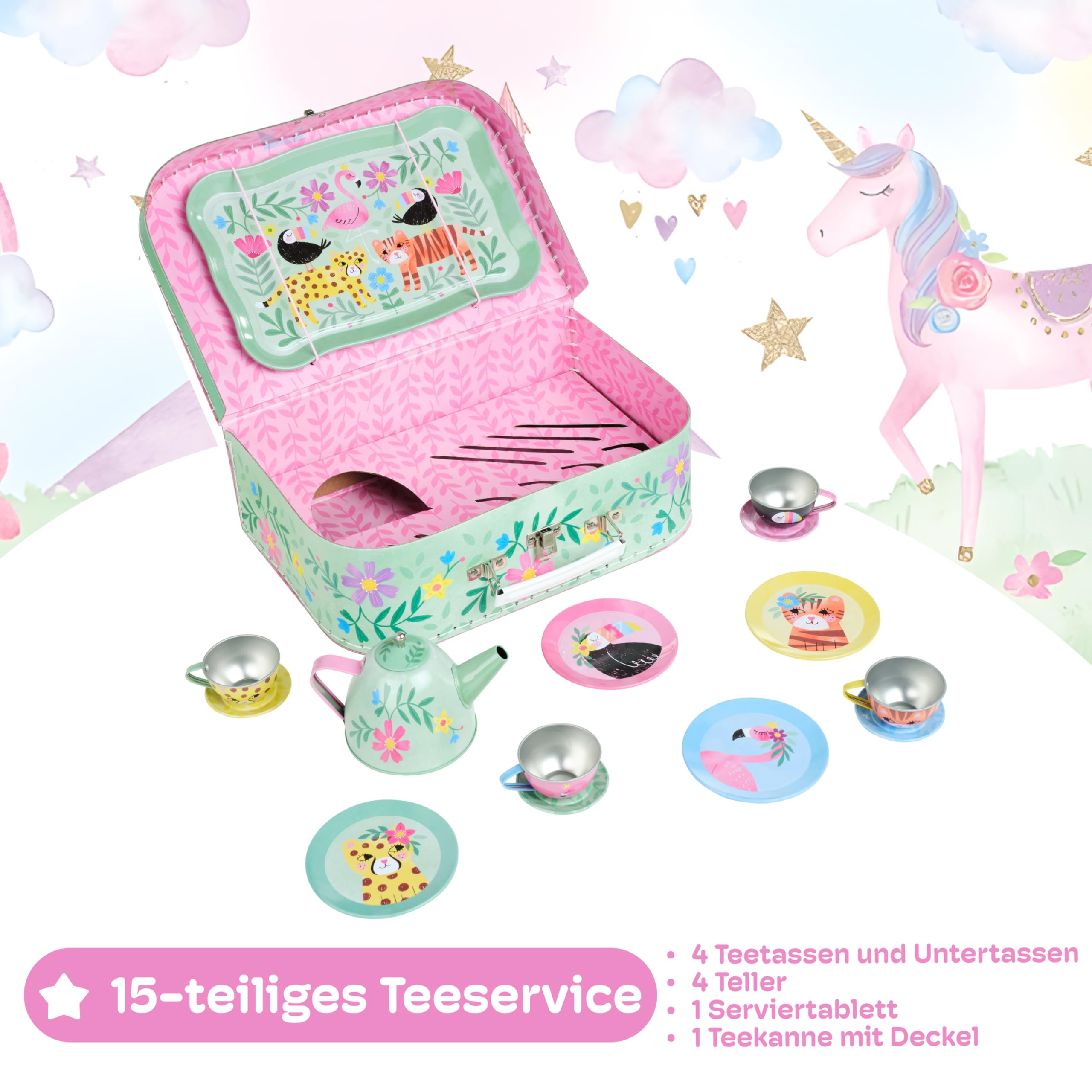 Jewelkeeper Teeservice für Kinder - Safari Design Kinder Teeservice, 15-teiliges Kindergeschirr für Spielküche und Kaffeekränzchen - Robuste Zinn-Konstruktion mit Tragetasche