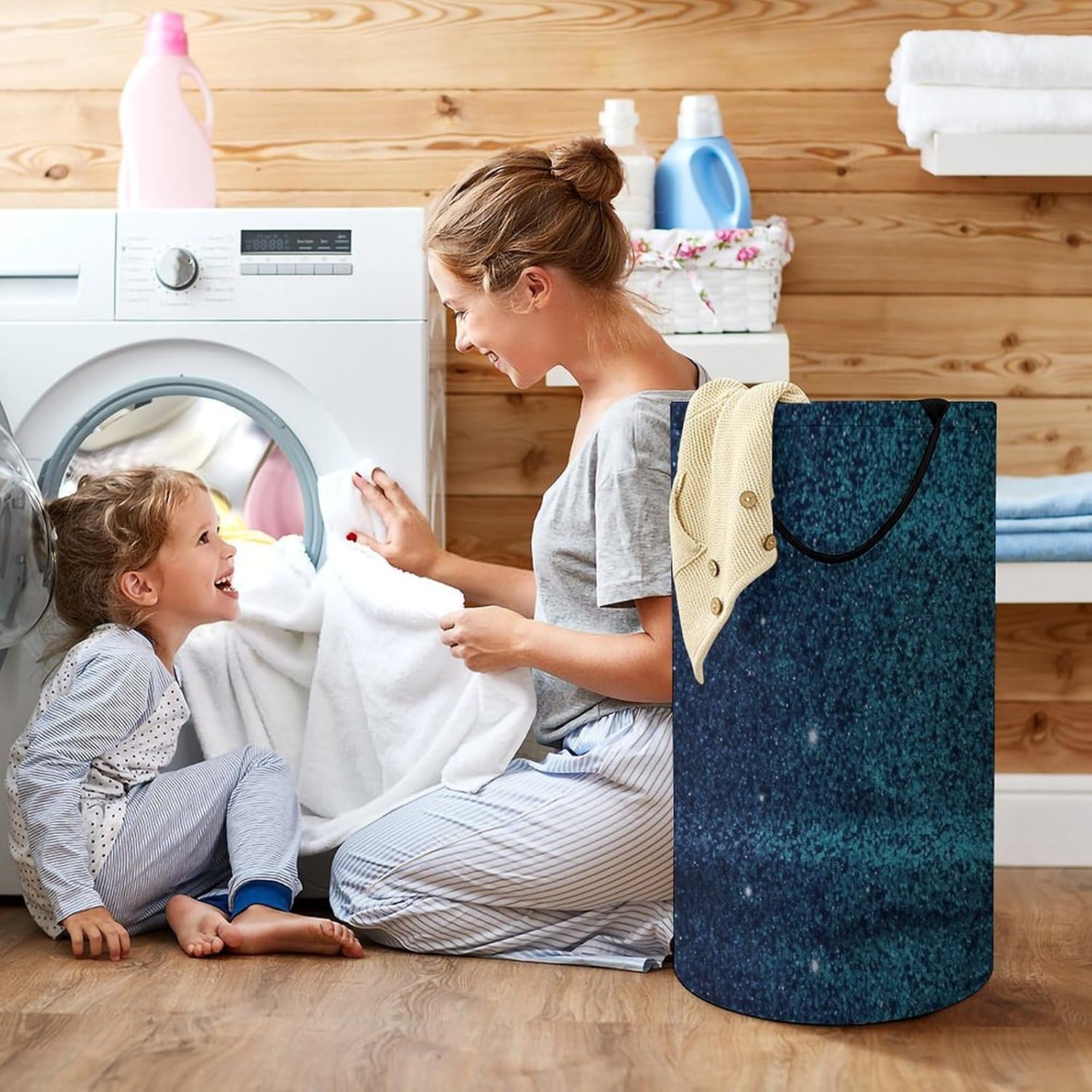 Large Laundry Hamper with Handles Teal Glitter Laundry Basket Freestanding Waterproof Clothes Hamper for Living Room Bedroom Bathroom College Dorm