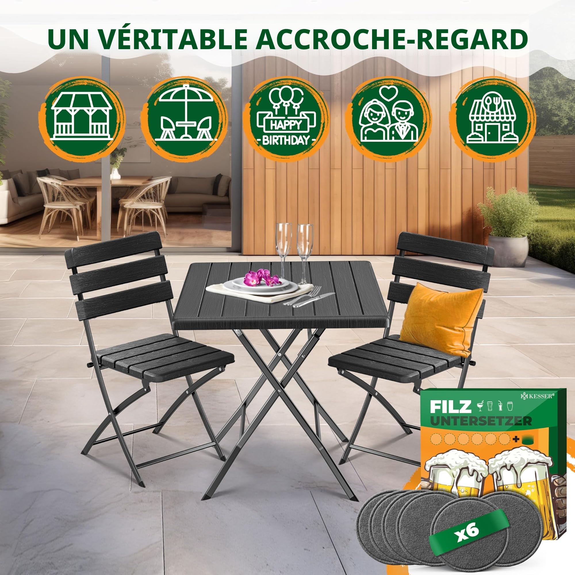 KESSER Ensemble de Bistrot 3 Pièces Pliable Acier Bois Balcon Résistant Intempéries UV