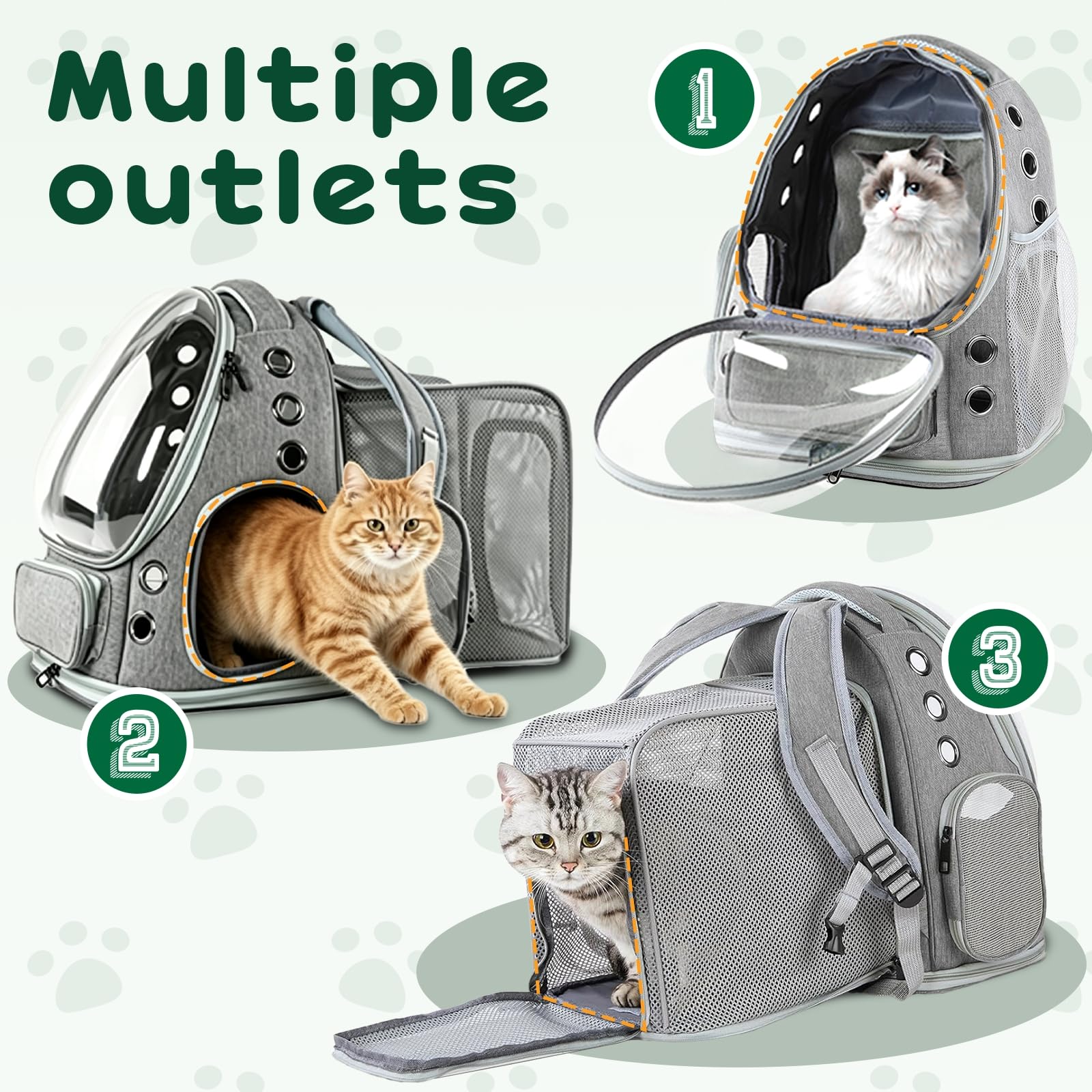 Zaino espandibile per gatti con finestra, adatto per gatti da 3 a 5 kg, con guinzaglio di sicurezza interno e tappetino per animali domestici, per auto, escursioni, grigio, 42 x 32 x 24-57 cm