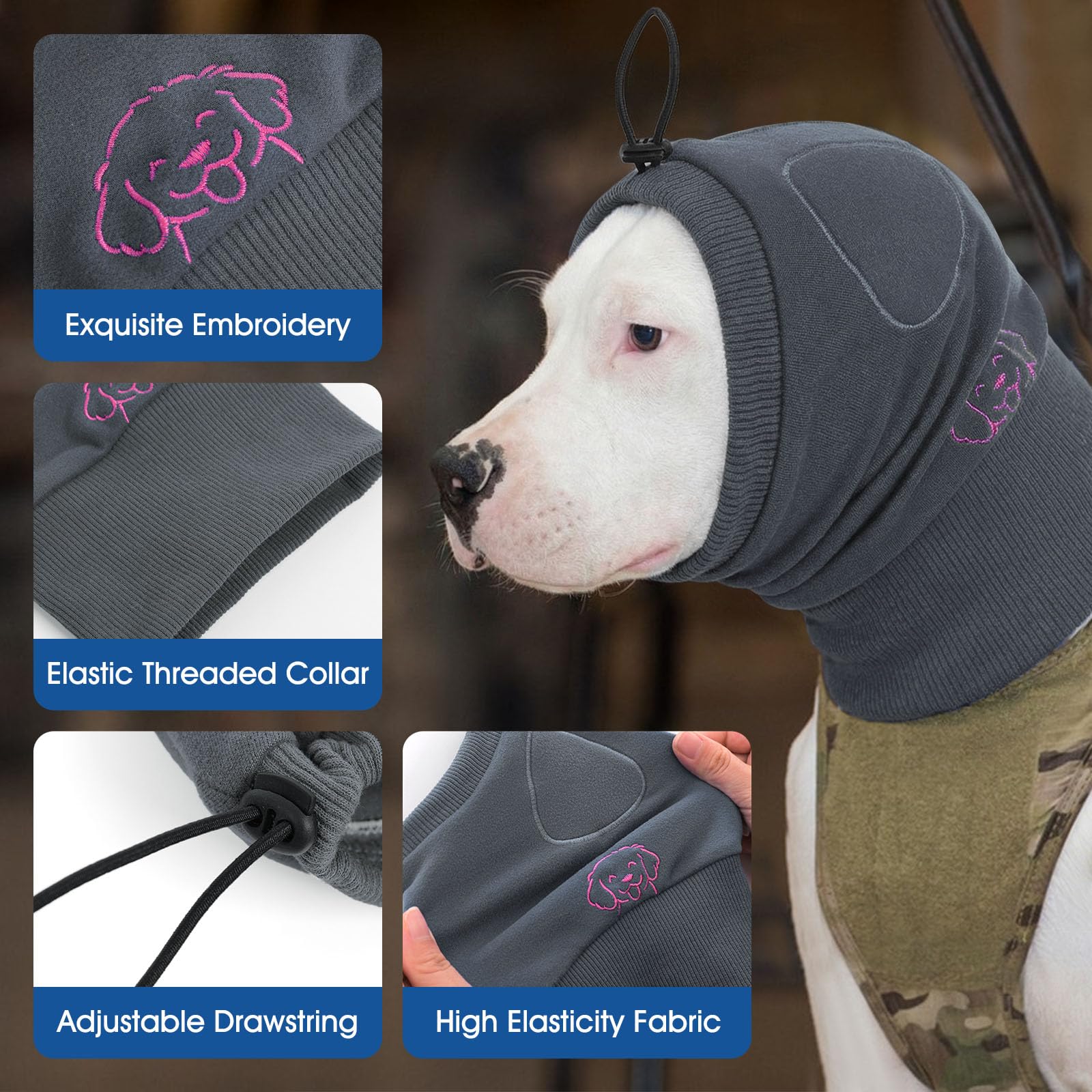 No Shake Ear Wraps for Dogs, Adjustable Dog Ear Cover with SoundProof Pads, Anxiety Relief Pet Ear Muffs Noise Protection Dog Calming Hoodie for Hematoma, Grooming, Fireworks, Thunder, Grey L — view 6
