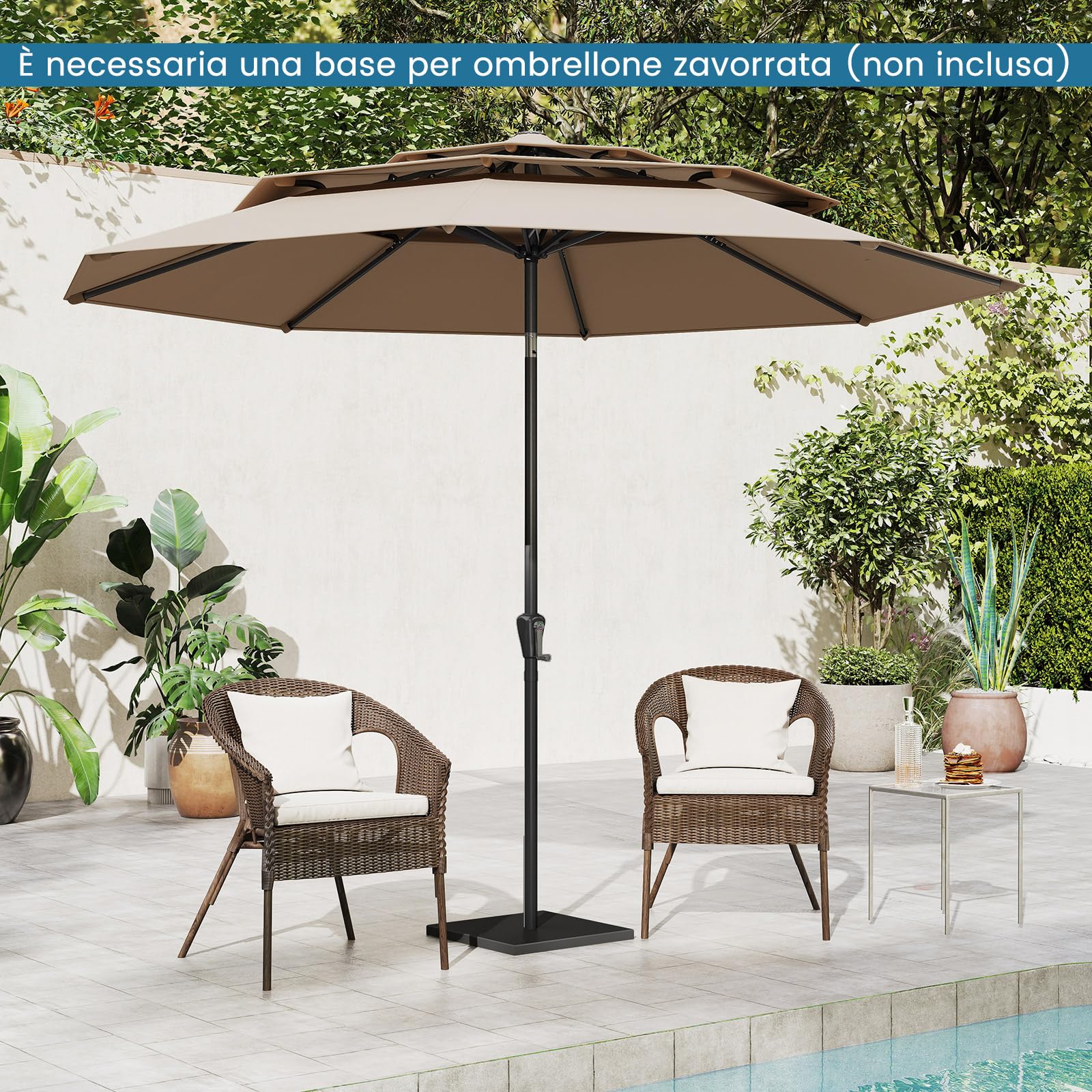 COSTWAY Ombrellone Giardino 300 cm, Ombrellone 3 Livelli con Ventilazione, Inclinazione Regolabile, Manovella, 8 Costole, per Giardino Spiaggia Piscina (Marrone)