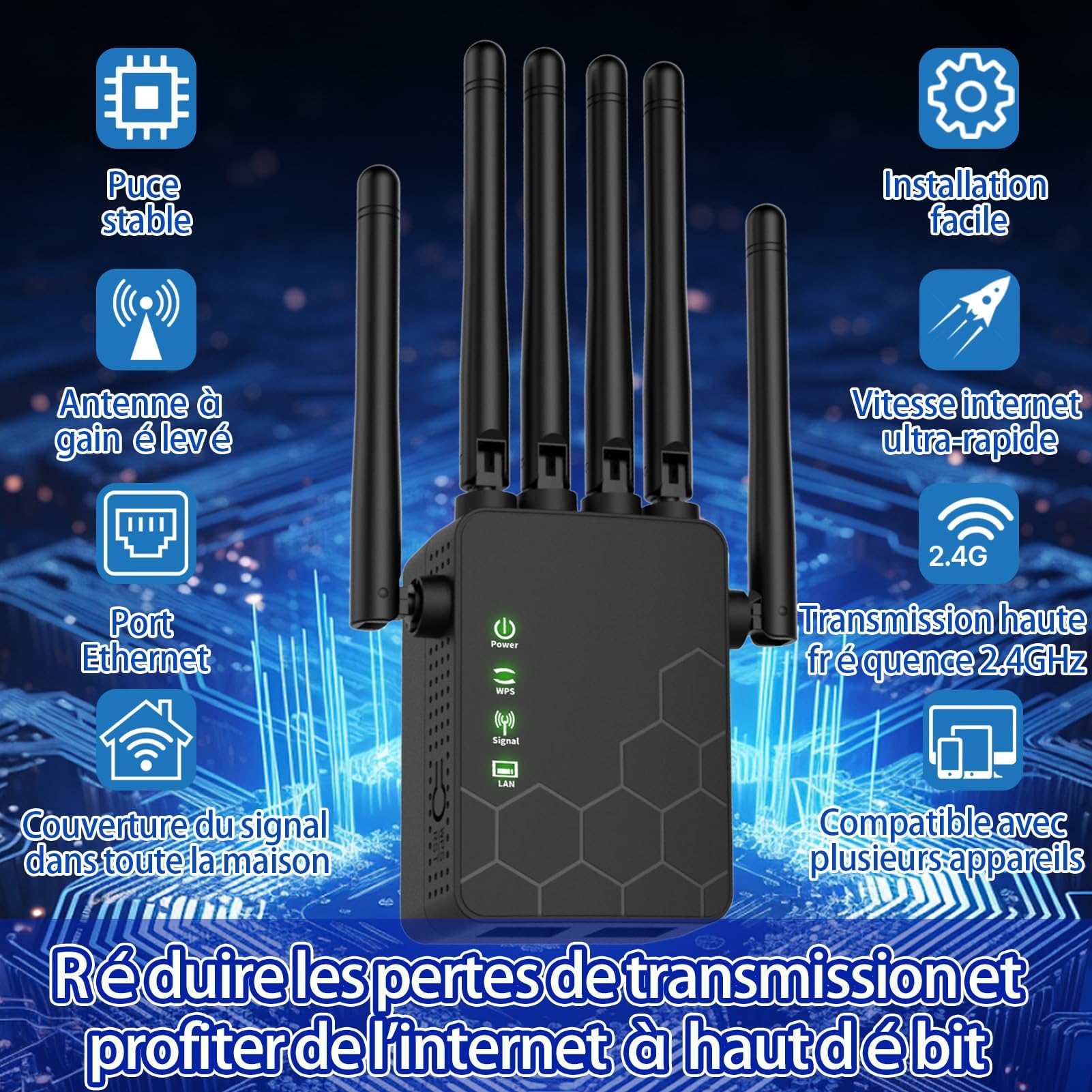 2024 Nouveau Répéteur WiFi Puissant, Amplificateur WiFi Dispose de 6 antennes murales percées puissantes,Extension WiFi pour la Maison et Le Bureau, Répéteur/Routeur/AP.