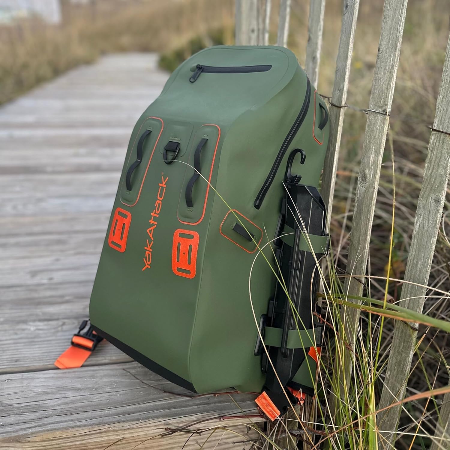 YakAttack 28L DryPak Waterproof Backpack with 2 Attachable Fishing Rod Holders – Green/Orange | Floating Marine Dry Bag Pack with Padded Straps | Lightweight Hiking & Kayaking Gear & Storage Drybag