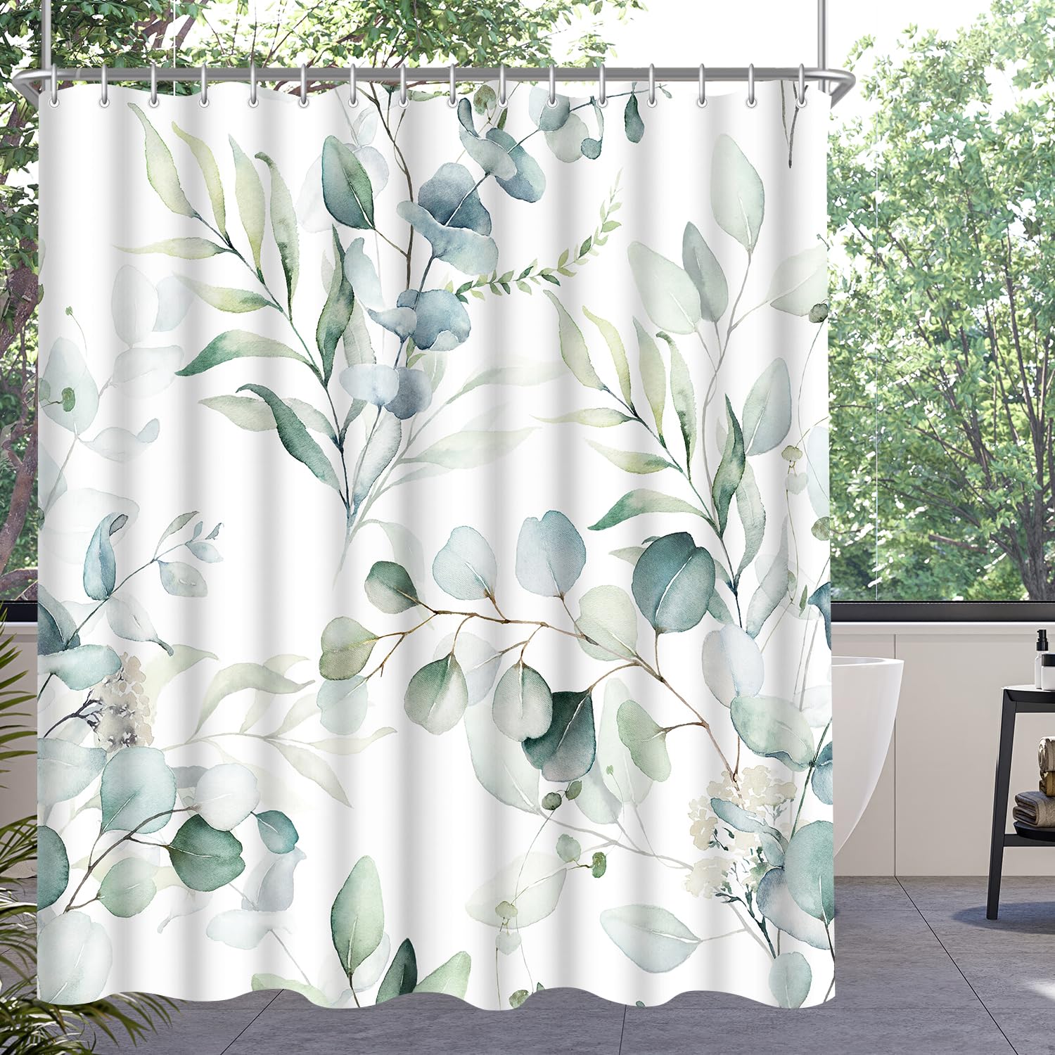 Lerores Shower Curtain, 150 x 180 cm, Leaf, Weighted Hem, Anti-Mould Textile, Water-Repellent