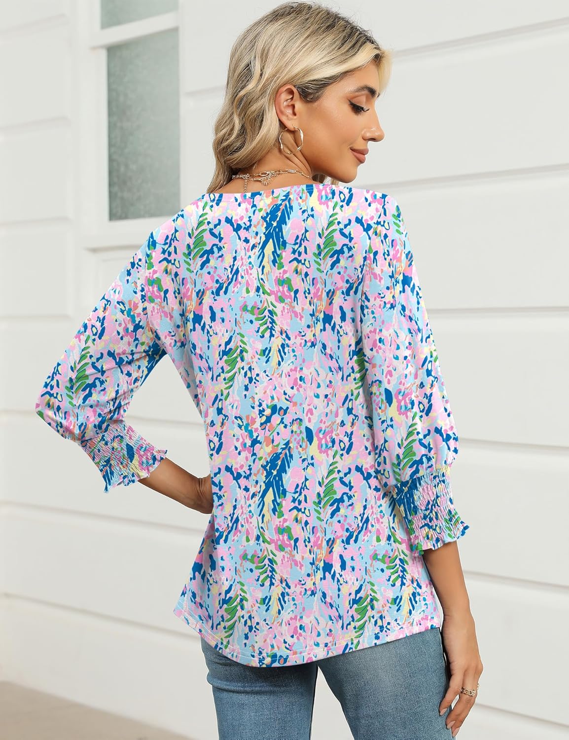 IECCP 3/4 Length Sleeve Womens Tops Summer 2026 Fashion Trendy Boat Crew Neck Smocked Work Dressy Casual T Shirt Blouses - Image 5