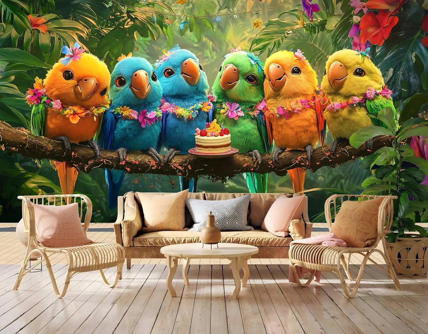 Playful Cartoon Parrots Peel and Stick Wall Mural for Kids, Large Removable Self-Adhesive Canvas Mural for Nursery, Bedroom & Playroom Decor (A11, 82"x118")