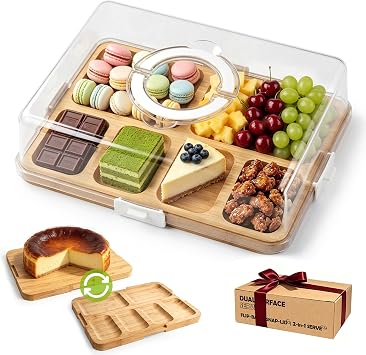 2-Sided Serving Board with High Lid Natural Bamboo Reversible Charcuterie Cutting Board for Party, Picnics, Kitchen Storage,14.2x10.2x4.3