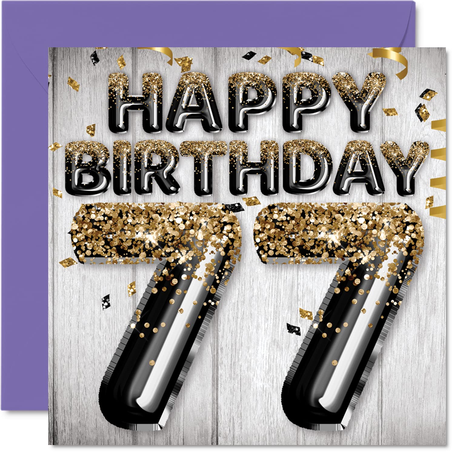 77th Birthday Card for Men - Black & Gold Glitter Balloons - Happy Birthday Cards for 77 Year Old Man Dad Great Grandad Grandpa Gran, 145mm Greeting Cards Gift
