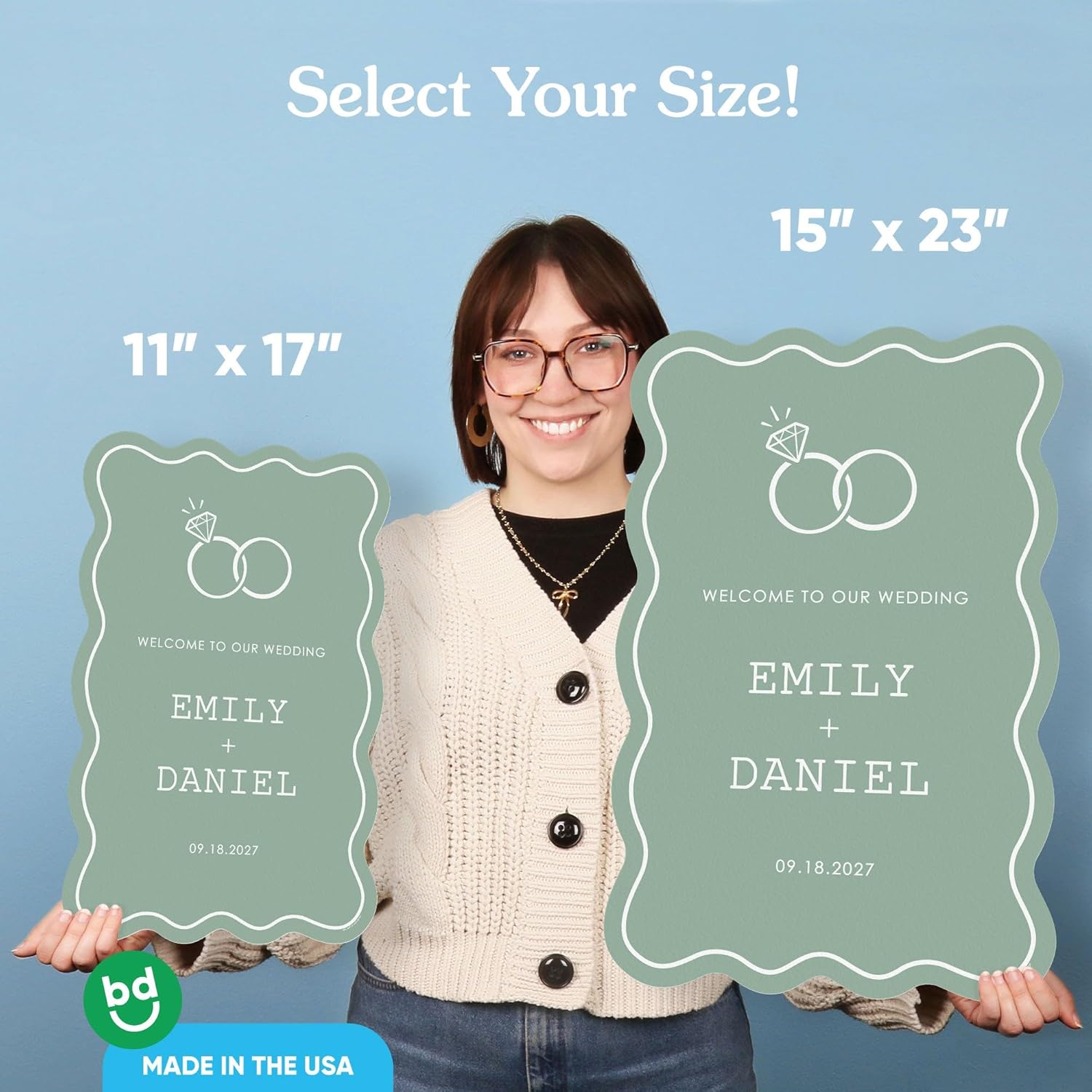Big Dot of Happiness Personalized Sage Green Wedding Welcome Sign Arch, Custom Wedding Party Tabletop Decor Sign, Premium Matte Plastic Board, 11 x 17 inches