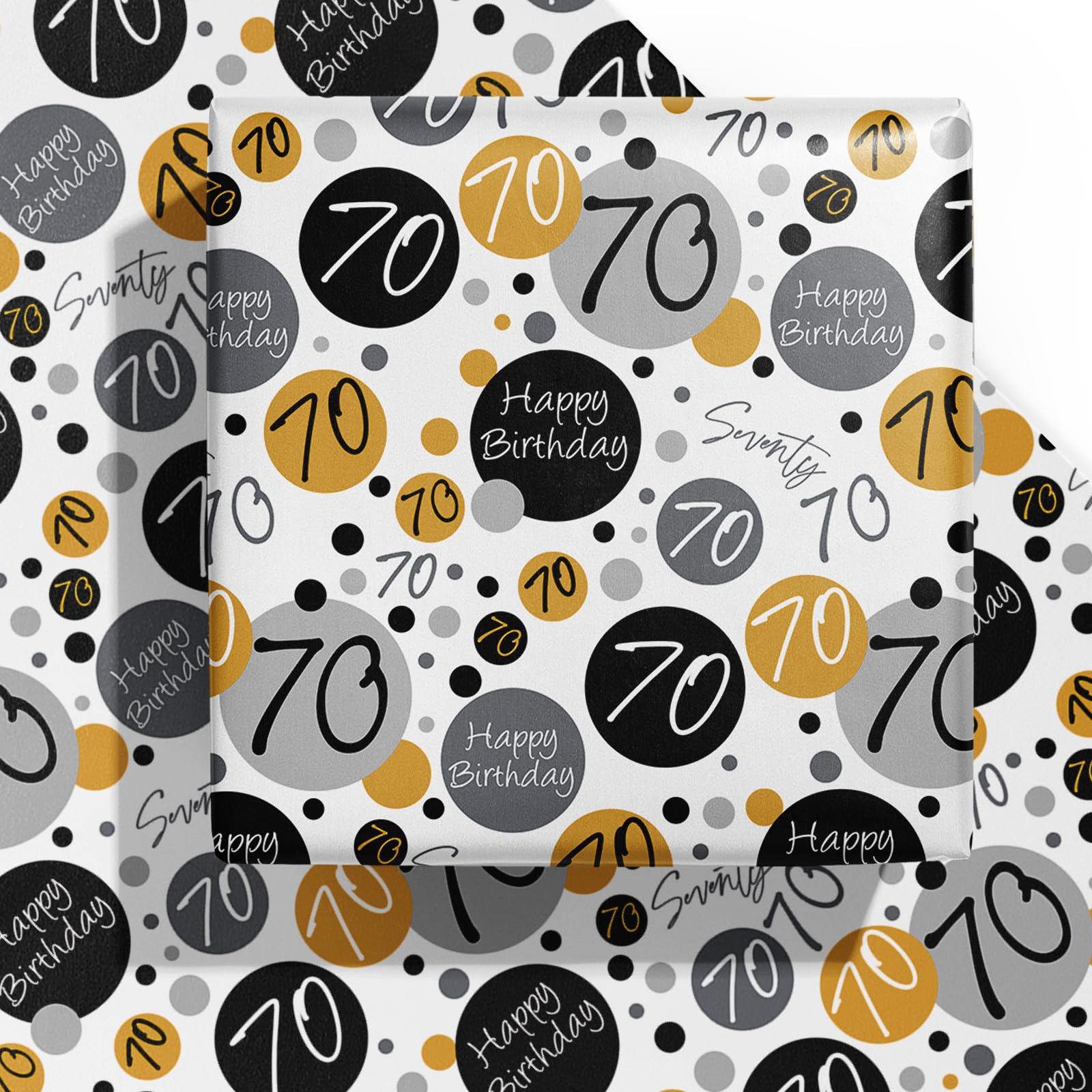 WRAPAHOLIC Birthday Wrapping Paper Sheet - 6 Sheets Black 70th Birthday Design Folded Flat for Bday, Party, Baby Showers - 19.7 Inch X 27.5 Inch Per