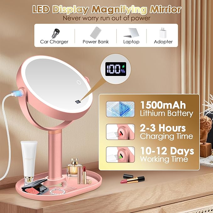 Espejo de Maquillaje LED MIYADIVA con Aumento 30X/1X, Ajustable, Rosado miniatura 8