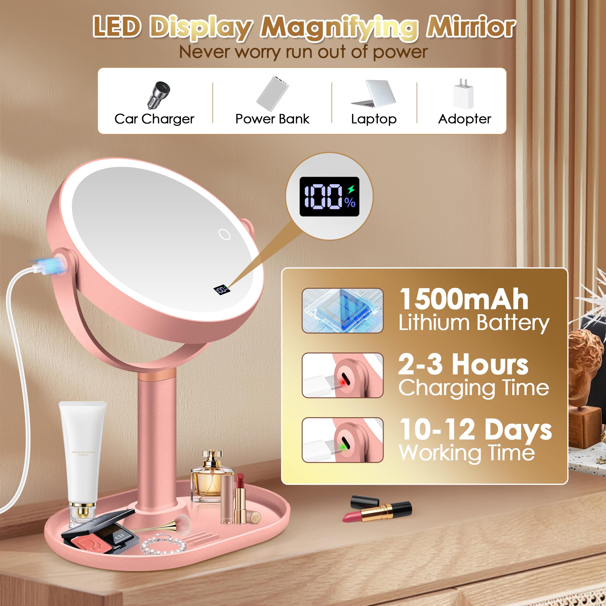 MIYADIVA Espejo de maquillaje con luces, espejo de aumento 30X/1X con pantalla digital, espejos de mesa de altura ajustable, desmontable para viajes, espejos de tocador con soportes para teléfono, oro