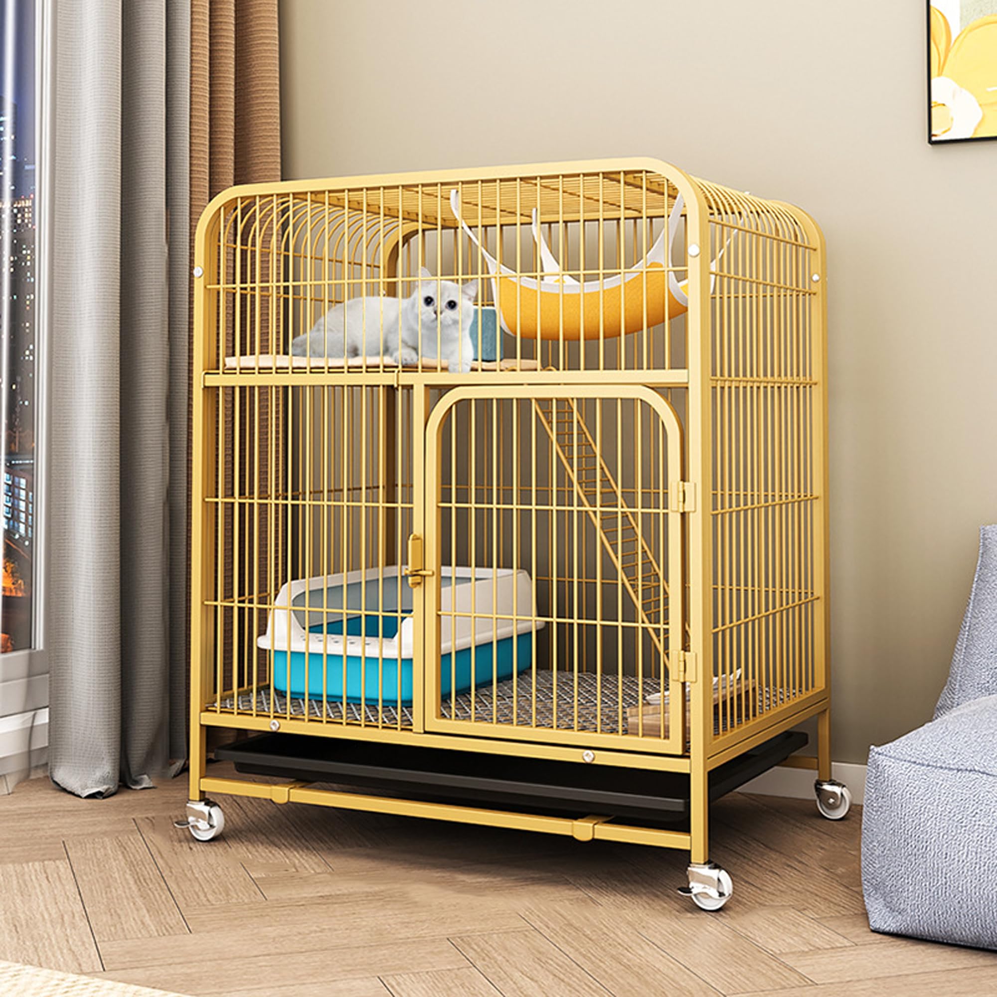 Gabbia per gatti con rotelle rotanti a 360°, recinto per gatti, casetta per gatti con vassoio rimovibile, rampa, scale, gabbia in metallo per piccoli animali, balcone, per interni ed esterni, facile