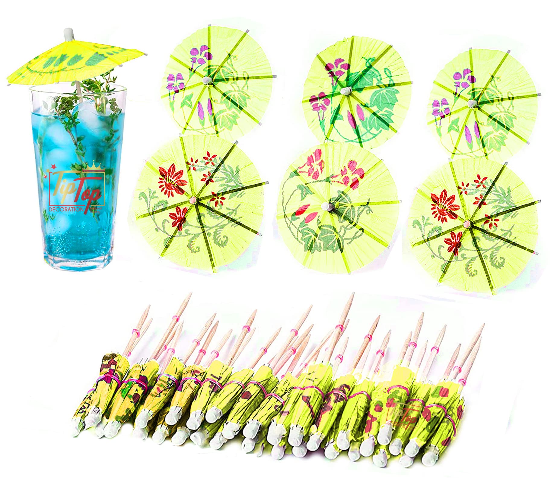 Premium Paper Folding Umbrella Tropical Hawaiian Topper Toothpicks (Pack of 10, Lemon Yellow)