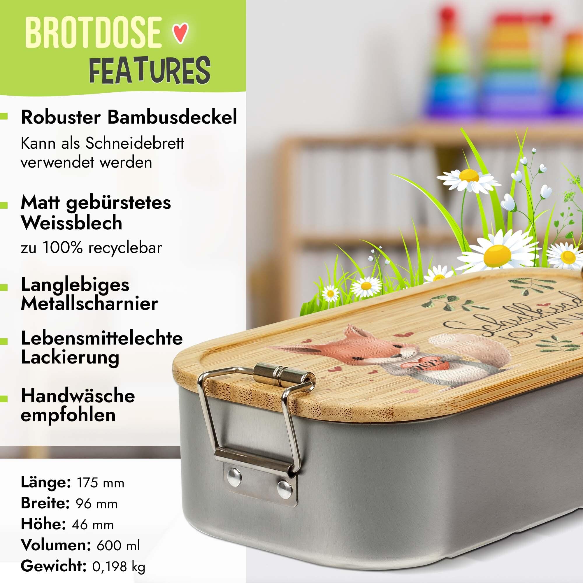 Print Royal PR Einschulung Geschenke-Set - Schulkind mit Name und Jahr personalisiert - Eichhörnchen, personalisierte Geschenke zur Einschulung Deko | Trinkflasche, weiß 500 ml & Brotdose 600 ml