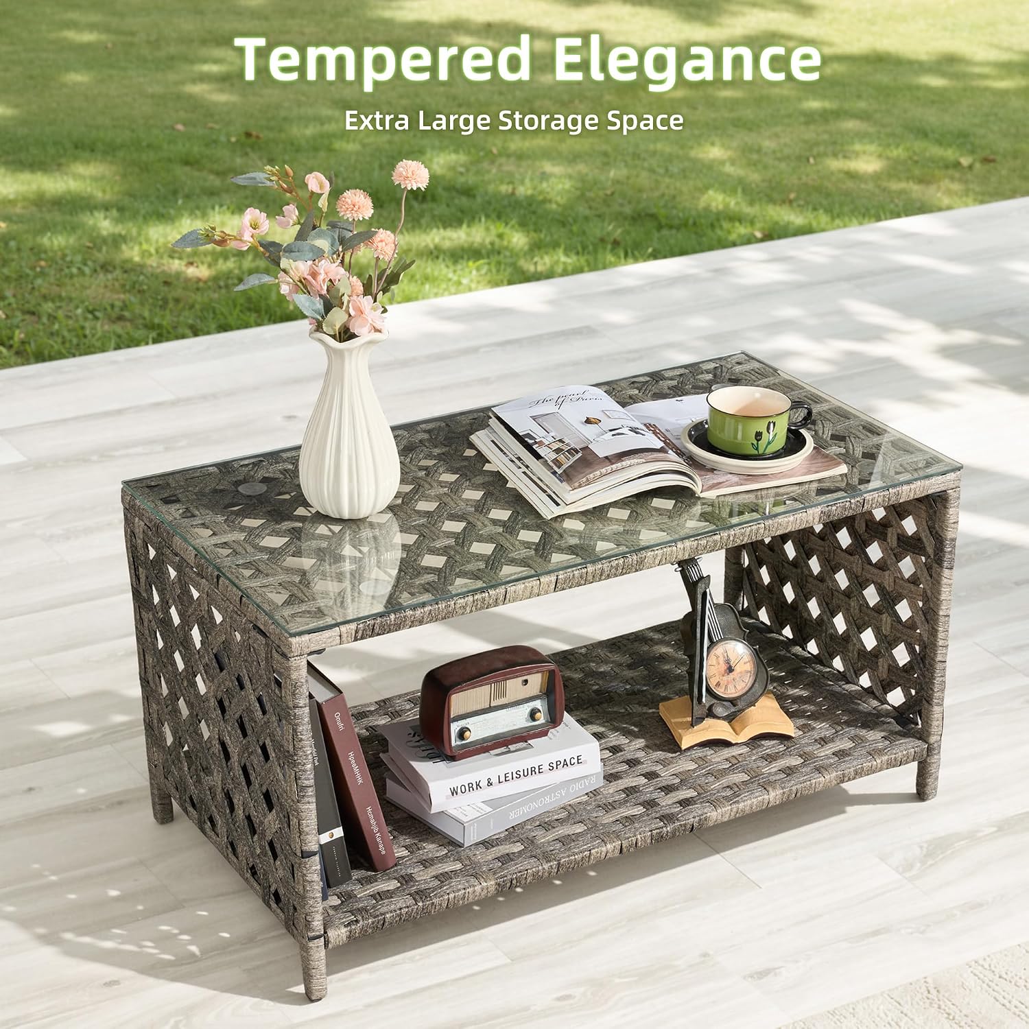 CAODOC 4 Piece Outdoor Patio Furniture Sets, Small Grey Wicker Patio Conversation Furniture Rattan Chair Set with Tempered Glass Coffee Table for Backyard Porch Garden Poolside Balcony, Grey