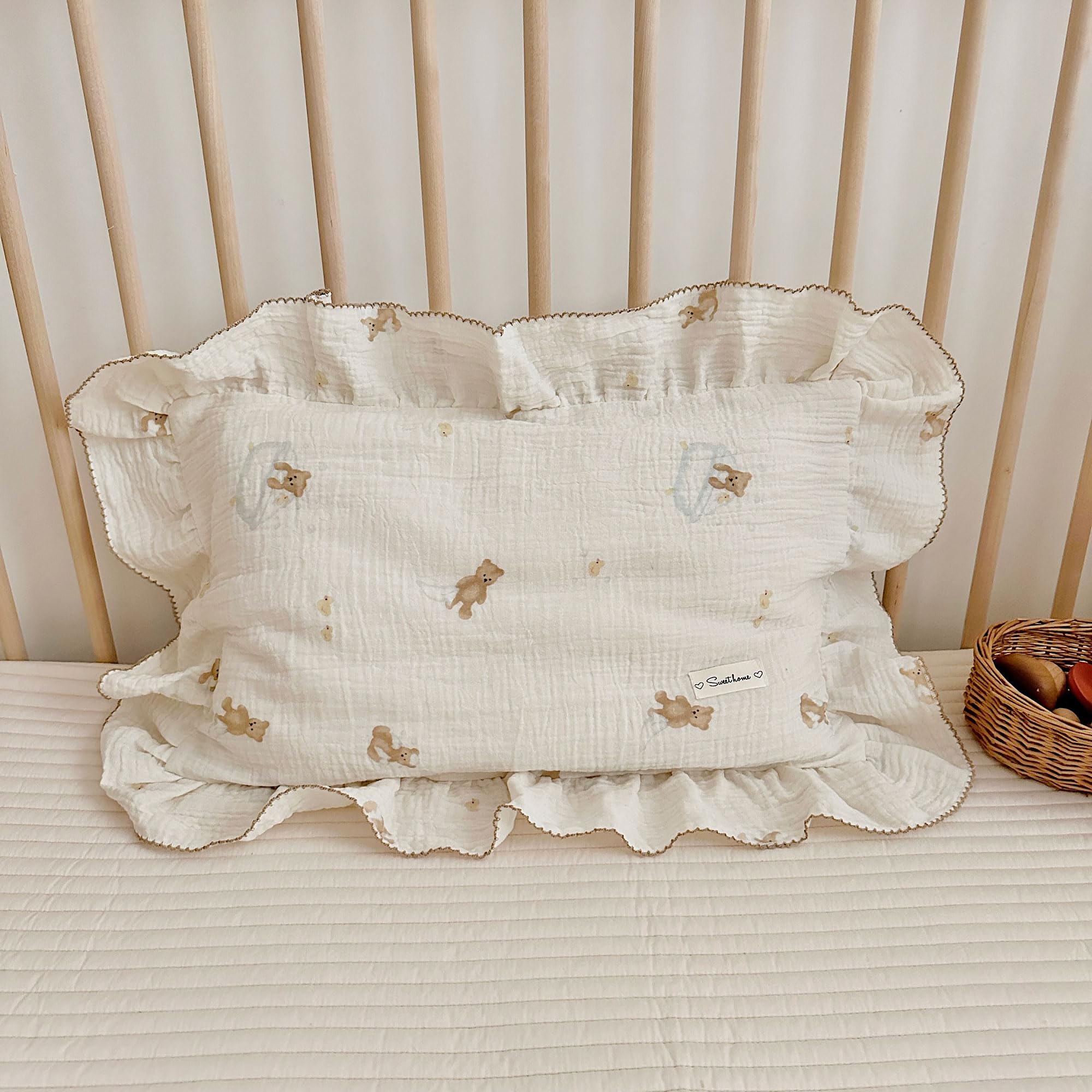 AOJIM Cotton Muslin Toddler Pillowcase with Brown Bear Patterns, Super Soft Lightweight Muslin Kids Pillowcase for Boys Girls, Machine Washable Nursery Pillowcases Durable Bed Pillowcase 1pc, 28X18'' — image 1