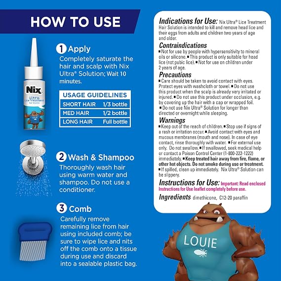 Nix Ultra Lice Treatment Hair Solution & Lice Comb, Kills Superlice & Eggs, 3.4 Fl Oz