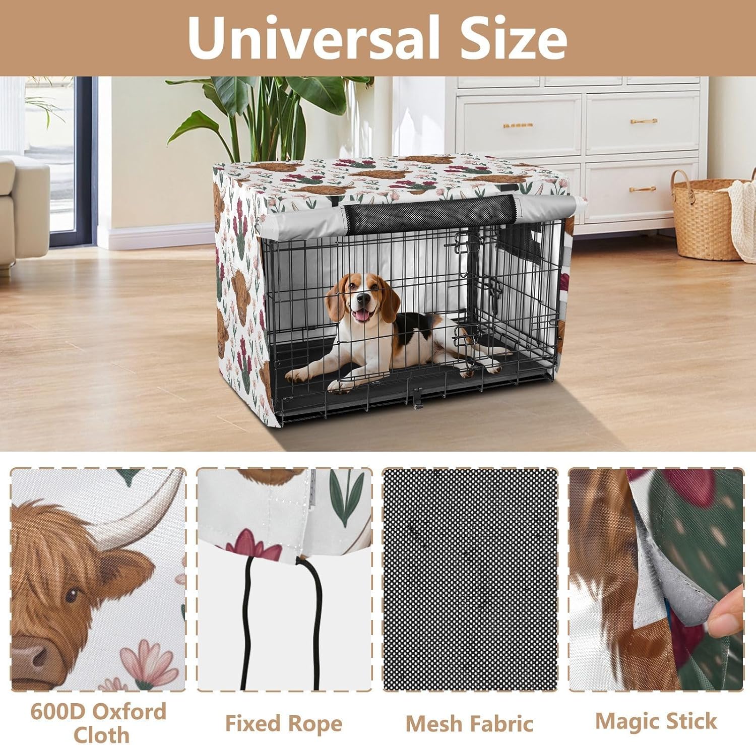 Duty 600D Silver Coated Dog Crate Cover, Water-Resistant Highland Cow Pet Kennel Canopy with Mesh Windows for Optimal Ventilation, Universal Fit for Standard Wire Cage, Indoor & Travel