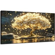 Large Tree of Life Canvas Wall Art Abstract Gold Tree Mountain Lake Decor painting Pictures Nordic Golden White Flowers Posters Prints for living room Bathroom Bedroom Office Hallway Home Decoration