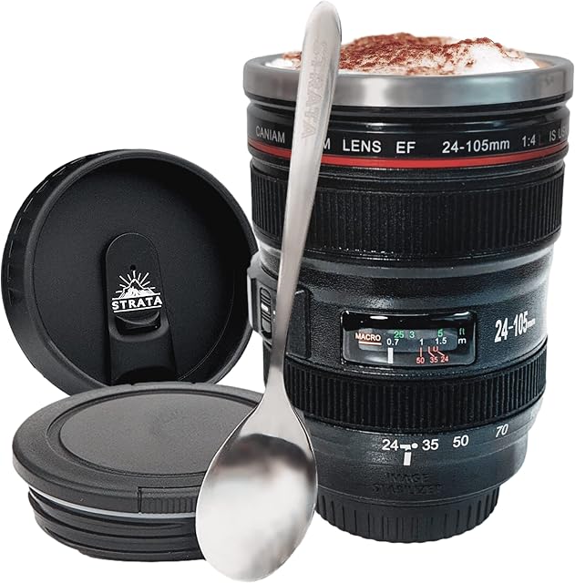 STRATA CUPS Camera Lens Coffee Mug -13.5oz, SUPER BUNDLE! (2 LIDS + SPOON) Stainless Steel Thermos, Sealed & Retractable Lids! Photographer Camera Mug, Travel Coffee Cup, Coffee Mugs for Men, Women