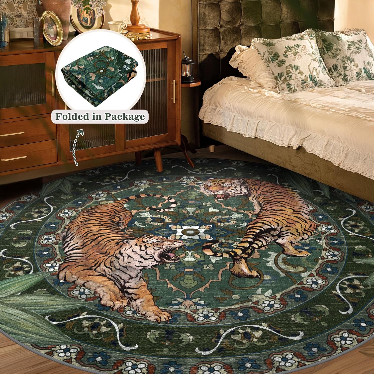 8Ft Round Tiger Washable Rugs for Living Room, Boho Green Animal Print Bedroom Circle Rugs Non Slip, Botanical Jungle Floor Carpet for Dining Room Entryway Nursery Playroom Office