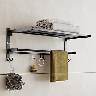 Gloxy Premium Towel Rack with Towel Rod & Hooks - Black Matte Finish Stainless Steel Folding Wall Mounted Towel Rod for Ba Price In India