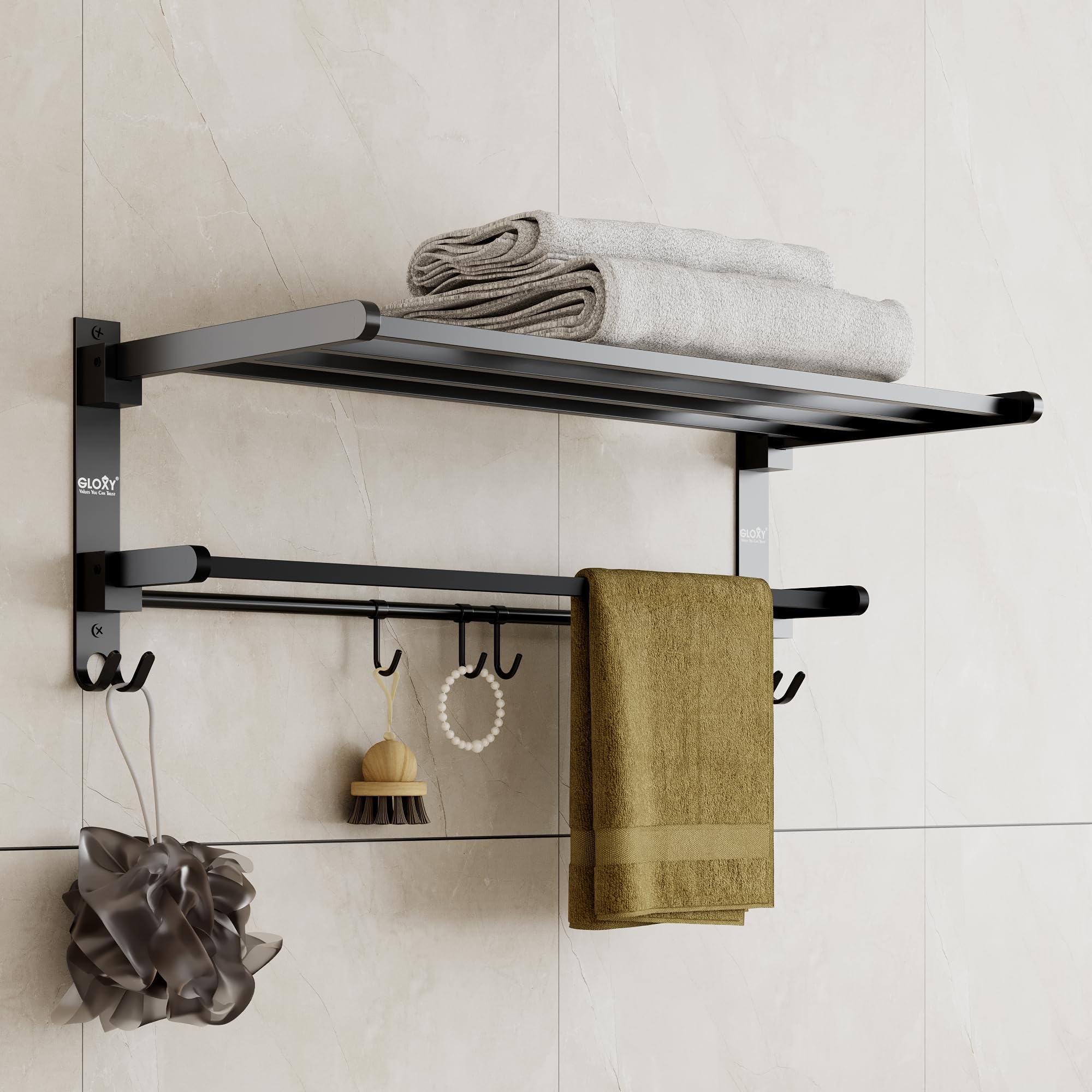 Gloxy Premium Towel Rack with Towel Rod & Hooks - Black Matte Finish Stainless Steel Folding Wall Mounted Towel Rod for Bathroom - Space Saver Towel Holder in Bathroom Fittings Accessories Set-image-3