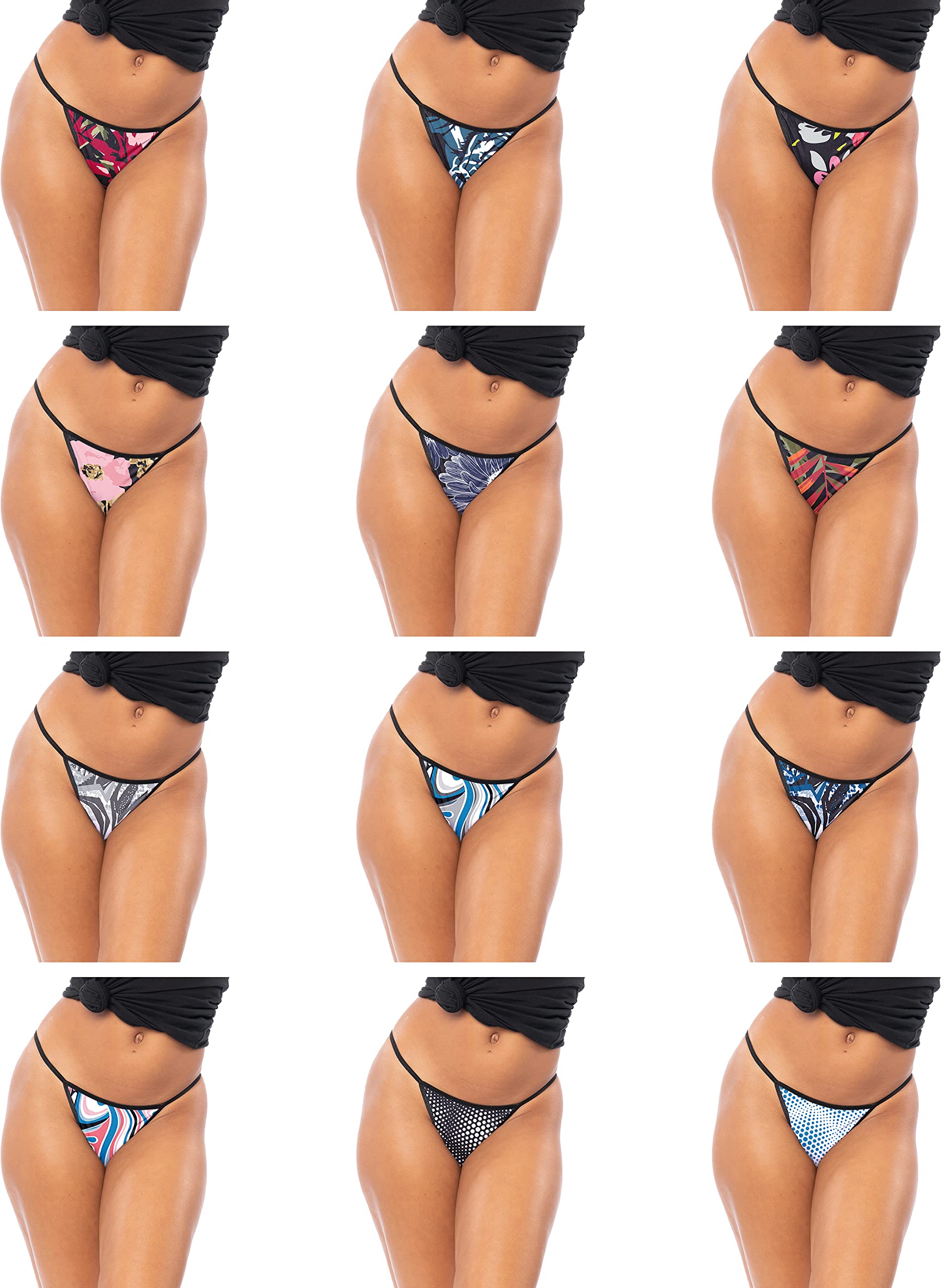 Sexy BasicsWomen's 12 Pack String Bikini - T-Back Thong Underwear | Buttery Soft No Show Panties