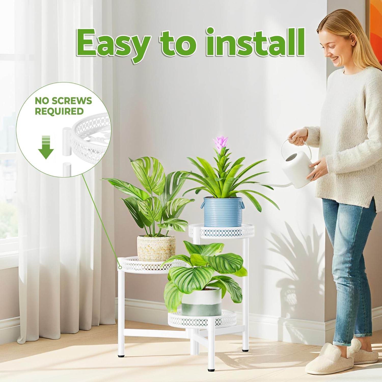 3 Tiered Tall Plant Stand Indoor Outdoor, Metral Plant Shelf for Corner Display Rack, Multi-Tier Folding Planter Pot Holder Flower Stand for Living Room Balcony Garden Patio - WhiteWave