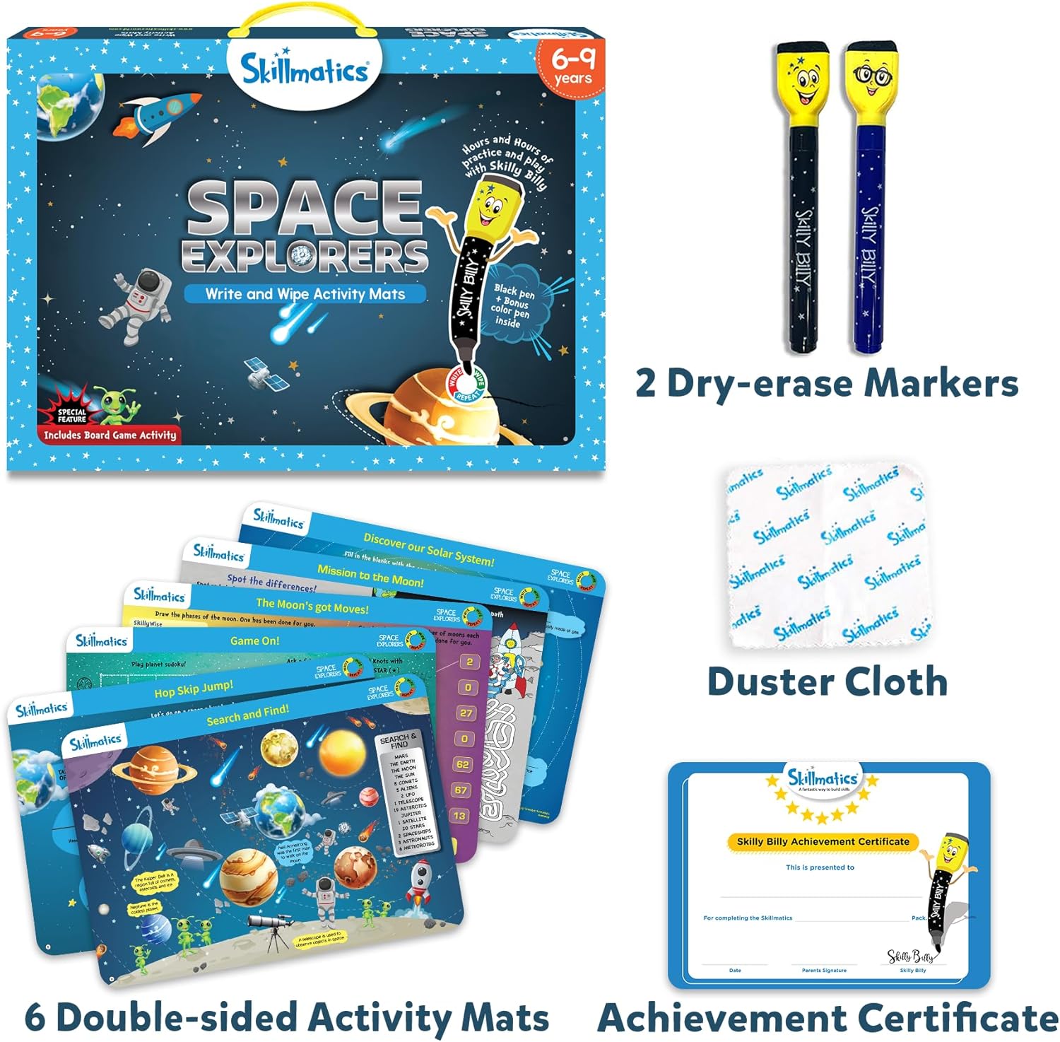 Skillmatics Educational Game - Space Explorers, Reusable Activity Mats with 2 Dry Erase Markers, Gifts for Ages 6 to 9