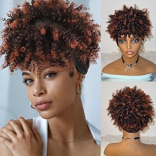 Mayouda Afro Kinky Curly Headband Wig with Bangs - Brown Ombre Synthetic Half Wig for Black Women, Easy Wear Puff Style