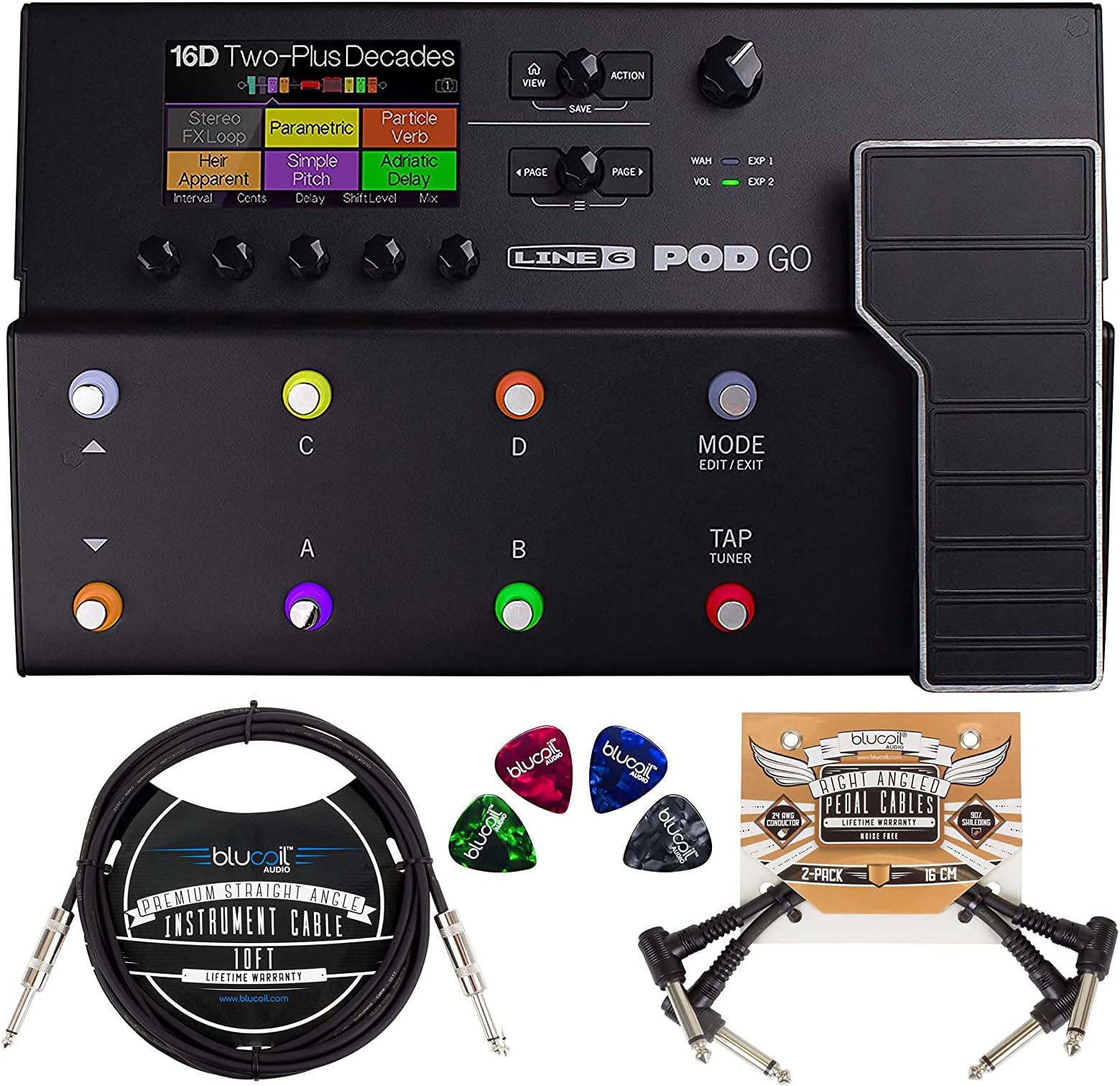 Line 6 POD Go Amp Modeler Multi-FX Processor Bundle with Blucoil 2-Pack of 10-FT Straight Instrument Cables (1/4in), 2-Pack of Pedal Patch Cables, and 4-Pack of Celluloid Guitar Picks