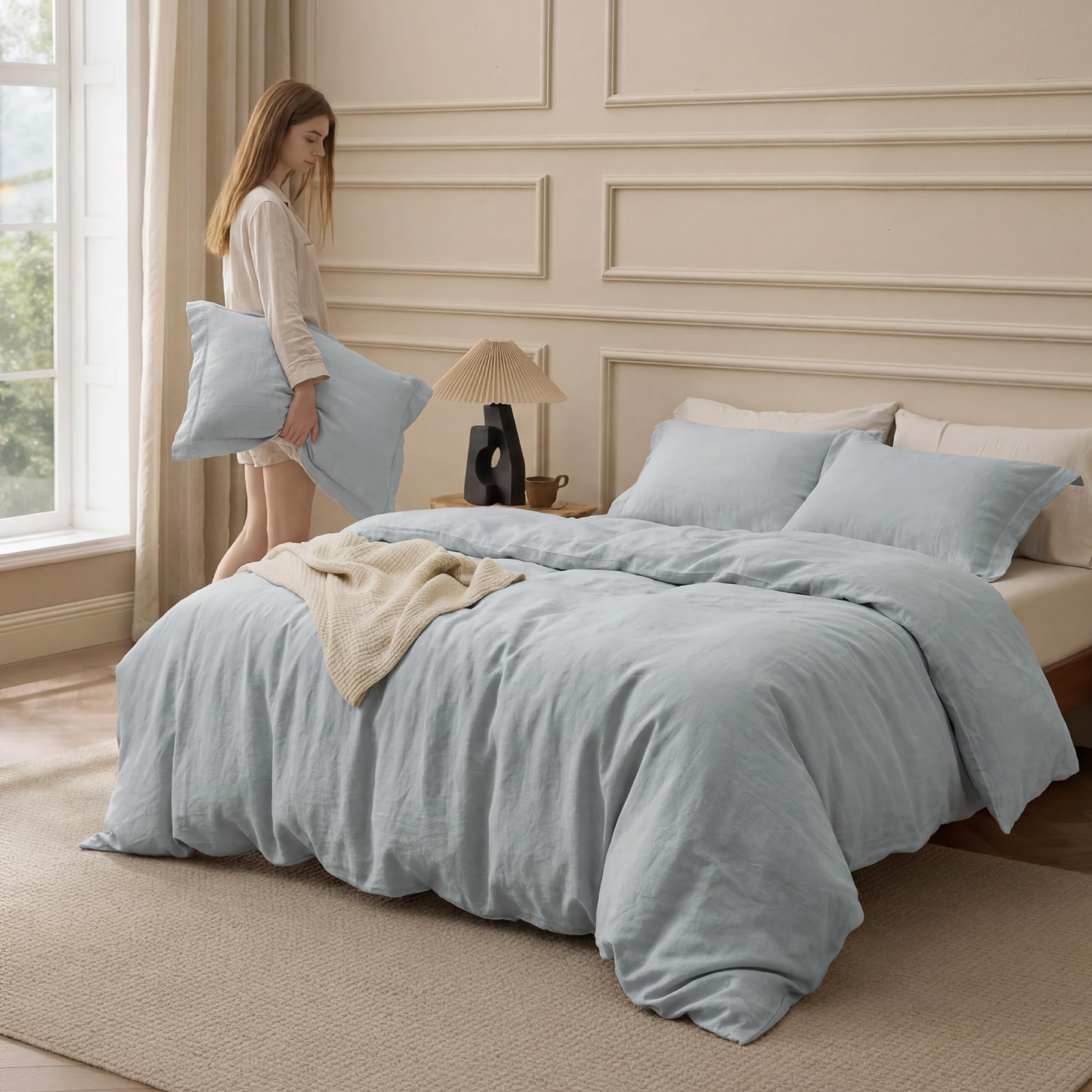 Bedsure 100% Washed Cotton Duvet Cover King Size - Pastel Blue Minimalist Bedding Set Linen Like - PureWoven Plain Simple & Soft Comforter Cover for