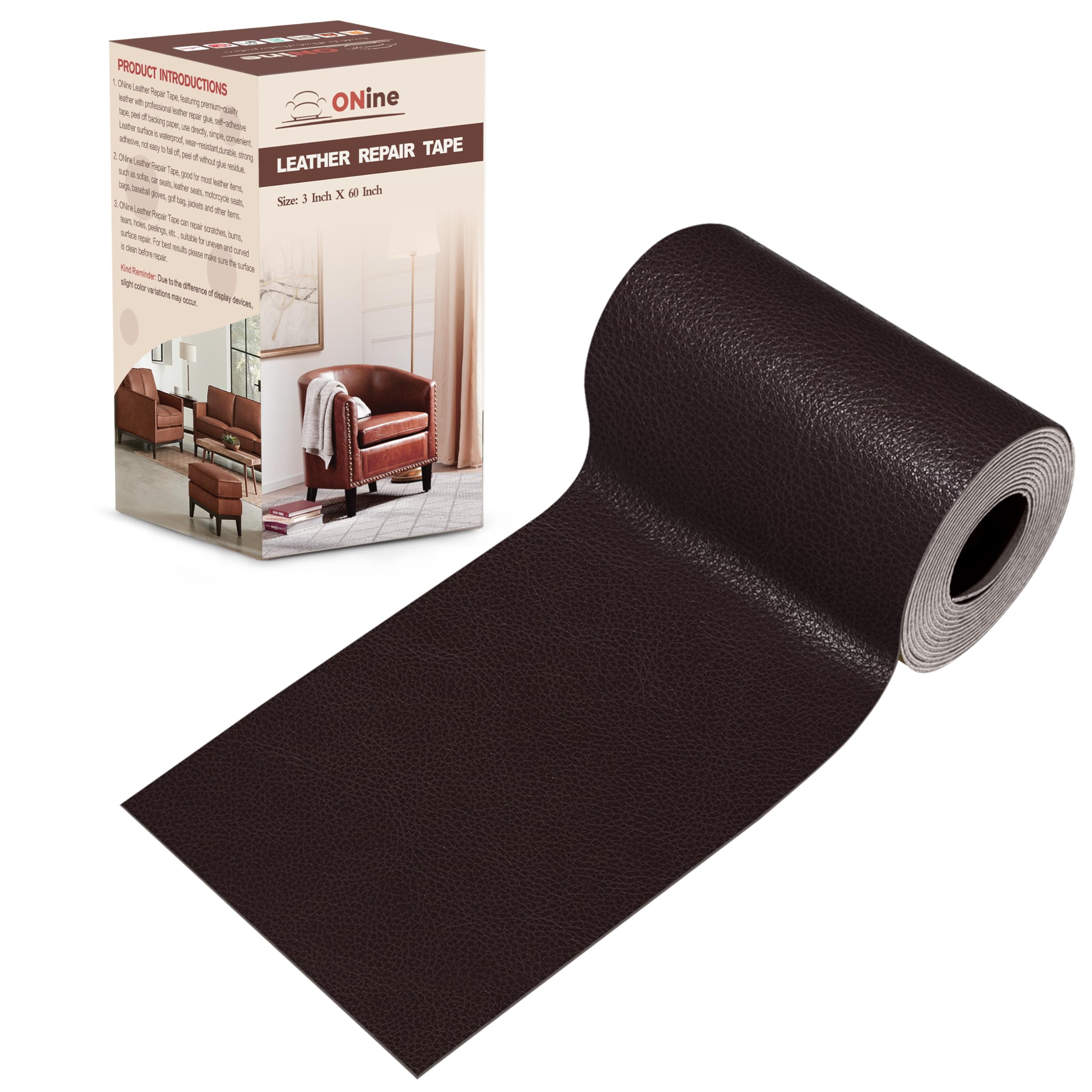ONine Leather Repair Patch，Leather Repair Tape, 3 x 60 inches Leather Repair Patch for Furniture,Vinyl Repair Kit，Leather Couch Patch，for Sofas, Furniture, Car Seats, Office Chairs(Dark Reddish Brown)