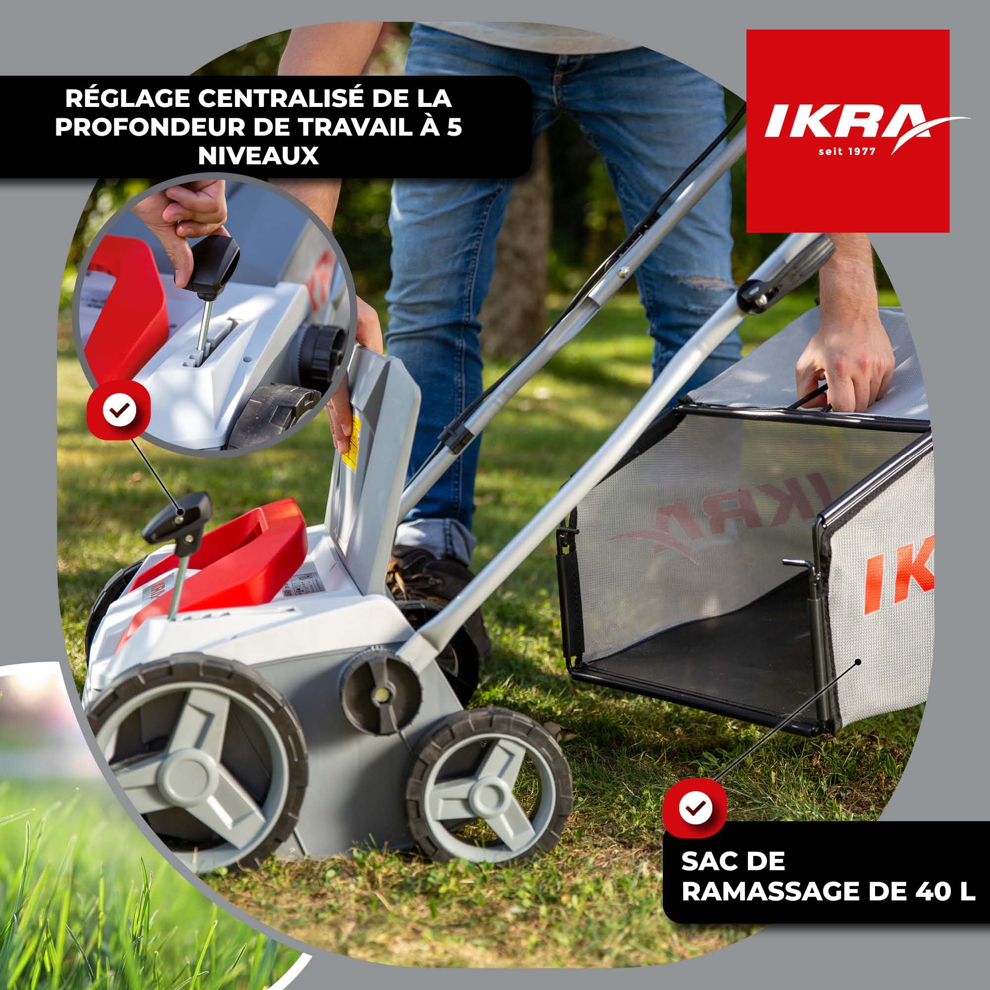 IKRA scarificateur-aérateur électrique IEVL 1838, largeur 38 cm, 1 800 W | Bac de ramassage de 40 l, profondeur de travail de +5 à –12 mm, changement de rouleau sans outil, appareil 2 en 1