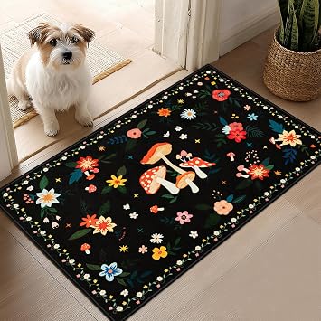 2x3 Machine Washable Mushroom Entryway Rug, Non-Slip, Black | 0.2-inch low pile, machine washable, non-slip backing, mushroom and floral design for entryways and kitchens.