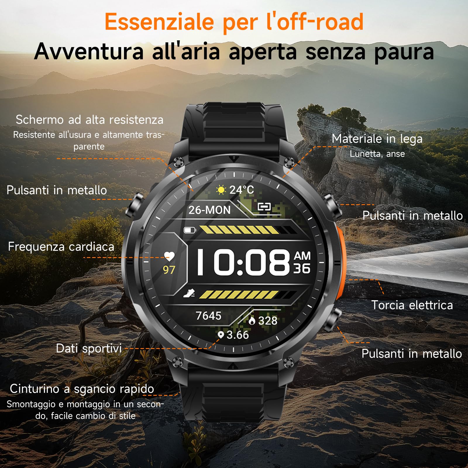 2026 Nuovo GPS Smartwatch, Rugged Orologio Smartwatch Con Chiamate Bluetooth,1.7" Militari Smart Watch Per Frequenza Cardiaca,SpO2,Sonno, Stress,720MAH,Torcia,120+ Modalità Sport Android iOS