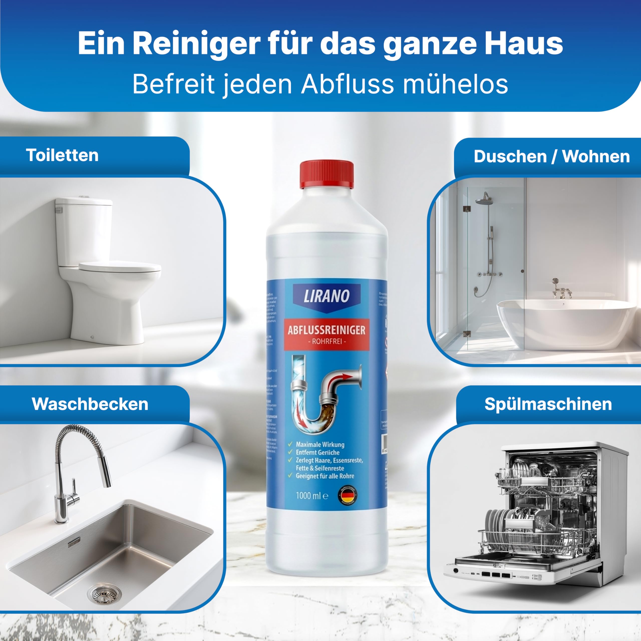 Rohrfrei, Abflussreiniger EXTRA STARK in Profi-Qualität – 1L – löst Haare, Speisereste & hartnäckigsten Rohrverstopfungen – neutralisiert unangenehme Gerüche - biologisch abbaubar - Made in Germany