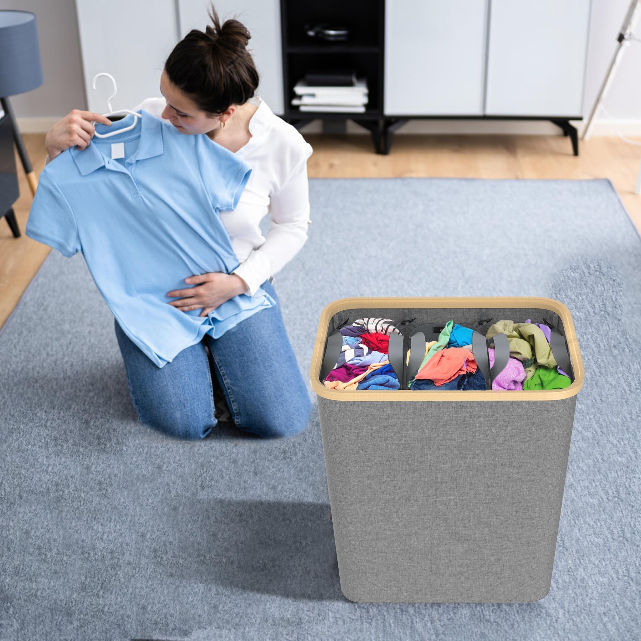 Cesto portabiancheria con coperchio, 140 l, con 3 scomparti, tasca interna lavabile con manici, sacco per la biancheria, cesto per la biancheria, laundry Basket, grigio