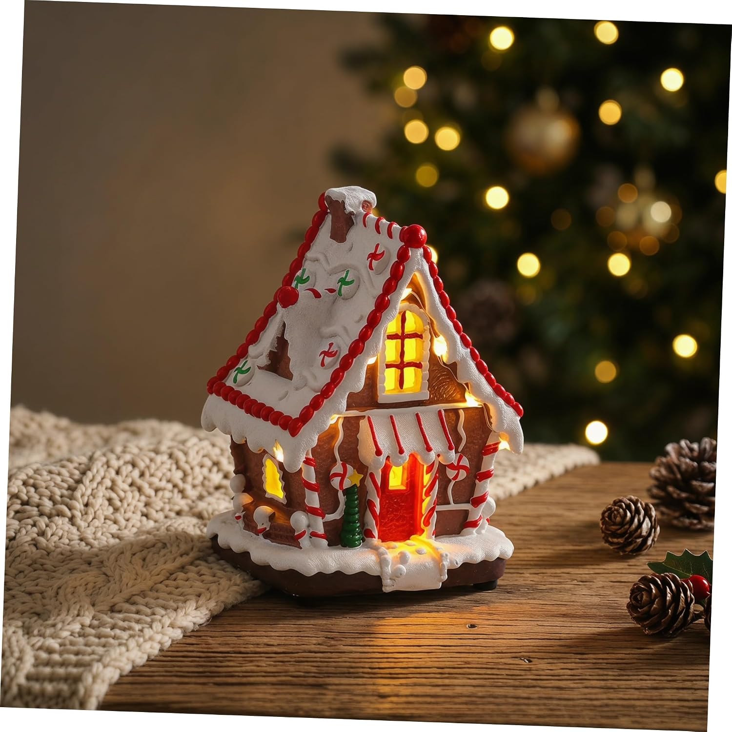 Lighted Christmas Gingerbread House Ornament, Resin Miniature Xmas Decor