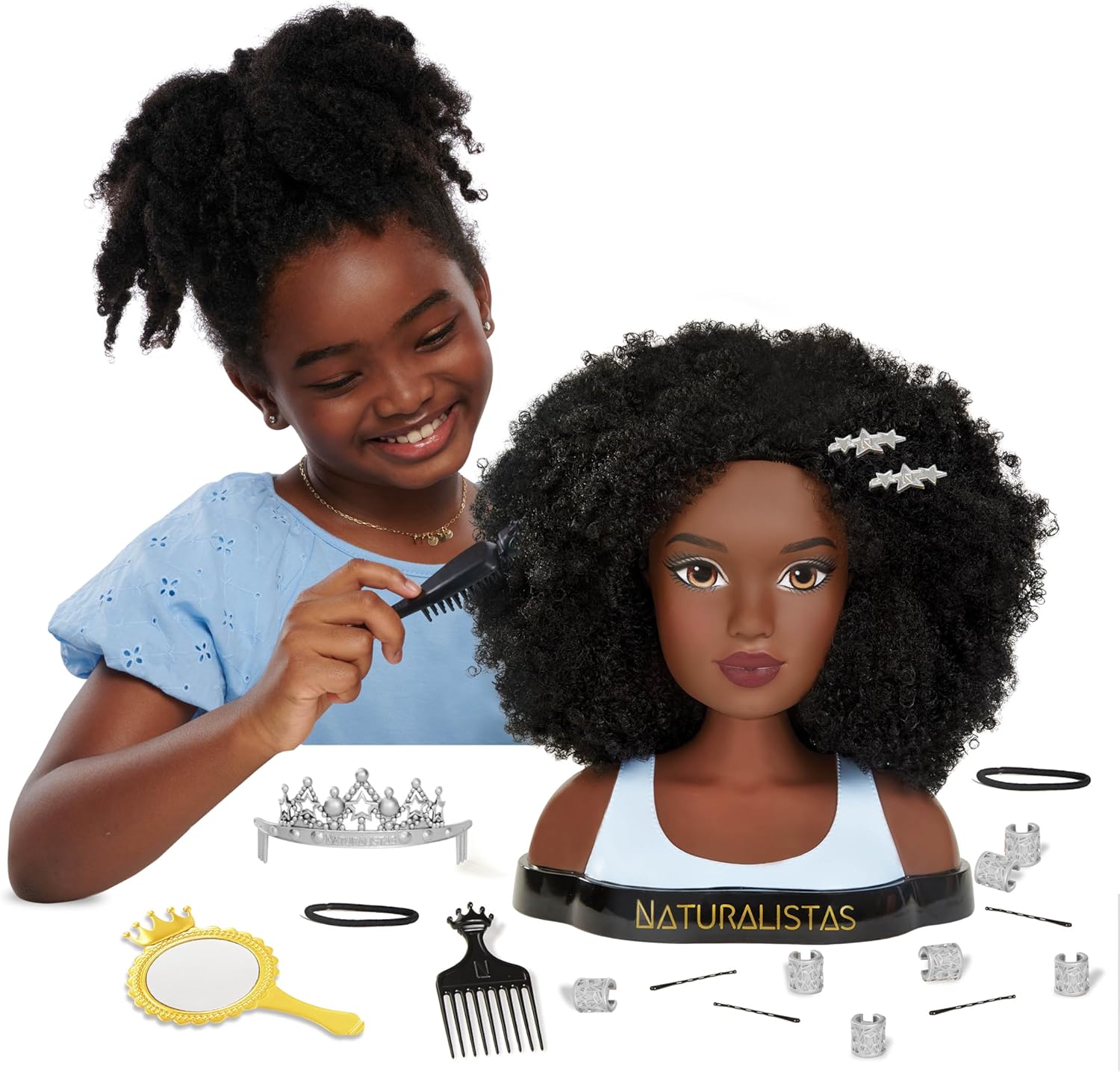 Naturalistas Liya Platinum Crown and Coils Fashion Styling Head, 4A Textured Hair, 19 Accessories, Designed and Developed by Purpose Toys